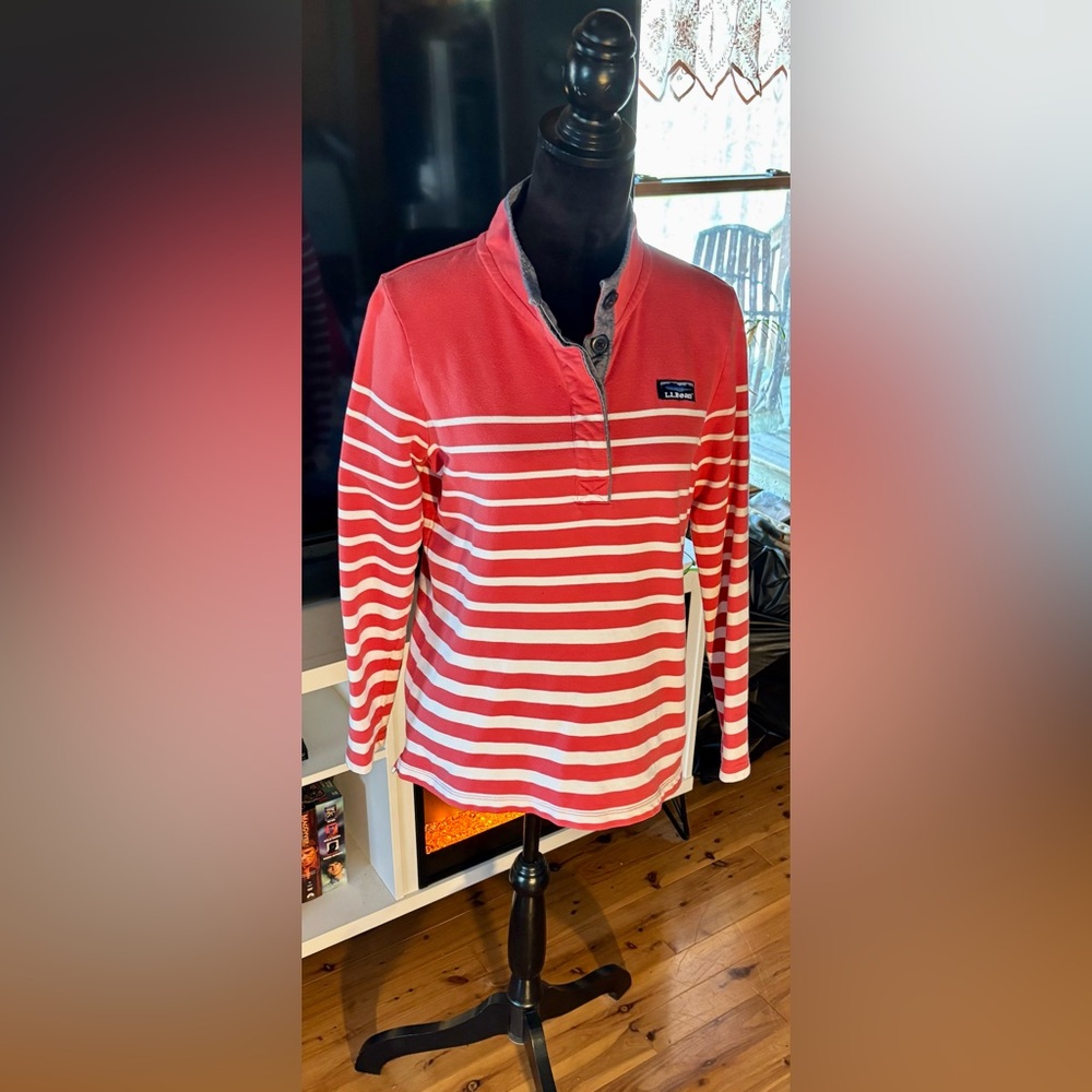 L.L. Bean Red and White Striped Quarter-Zip Pullover